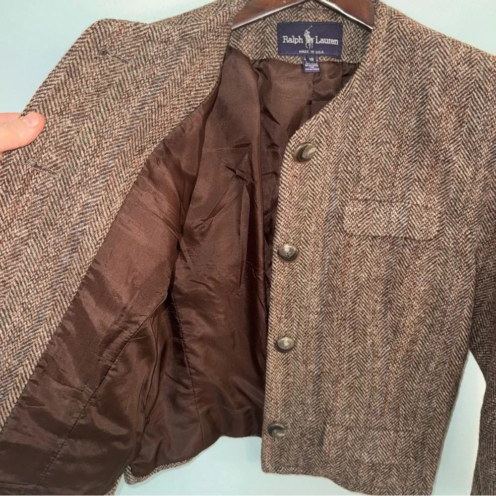Ralph Lauren Polo Wool Tweed Herringbone Blazer Collarless Made in USA 12 - Picture 8 of 15
